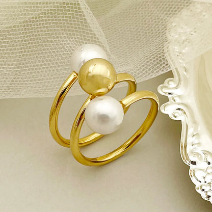 Elegant Round Stainless Steel Plating Inlay Artificial Pearls Gold Plated Rings