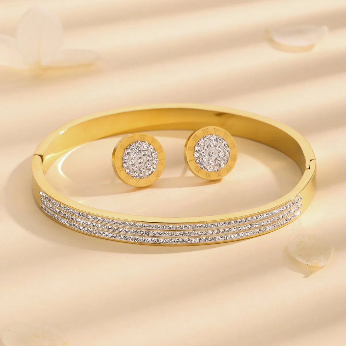 Elegant Round Titanium Steel Inlay Zircon Bracelets Earrings