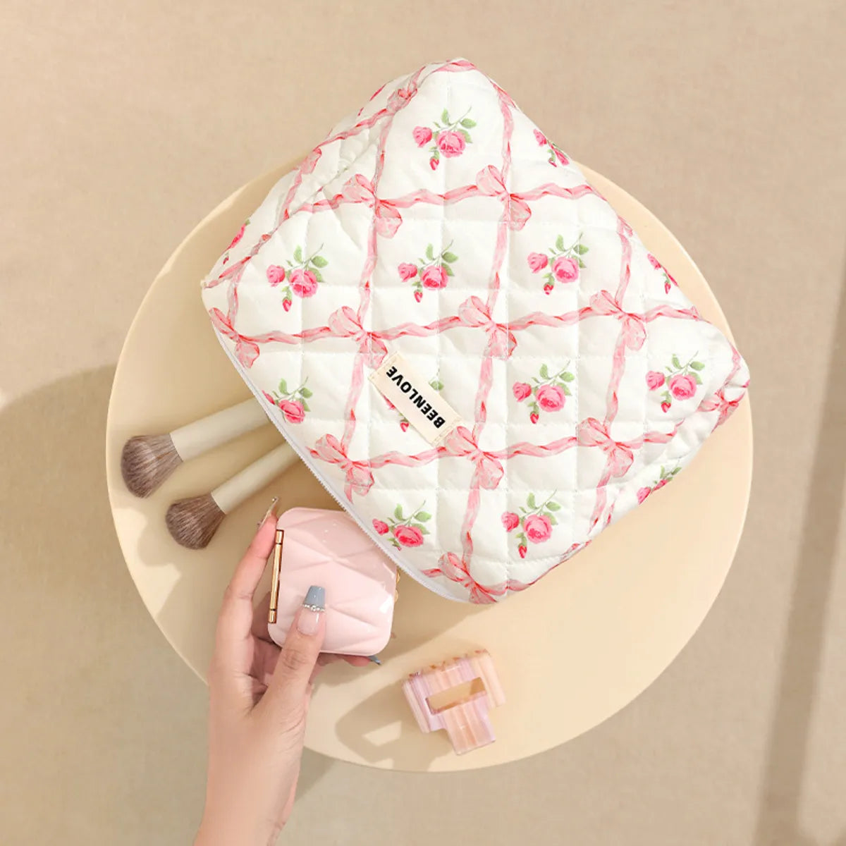 Elegant Sexy Flower Bow Knot Quilted Cotton Square Makeup Bags