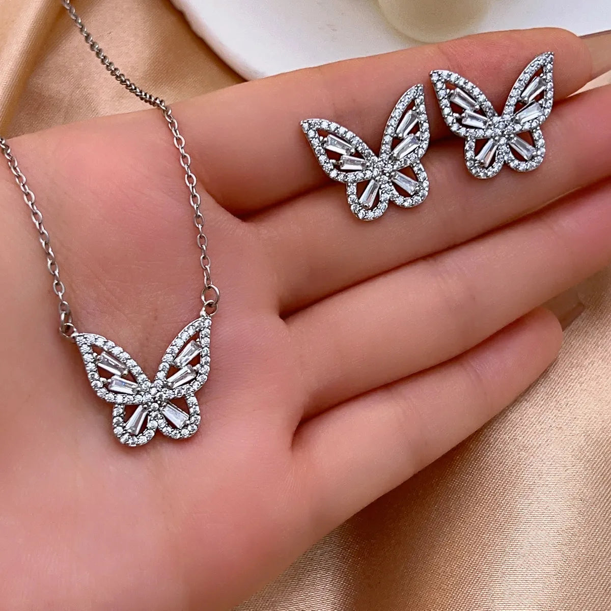 Elegant Shiny Butterfly Copper Plating Inlay Zircon White Gold Plated Earrings Necklace