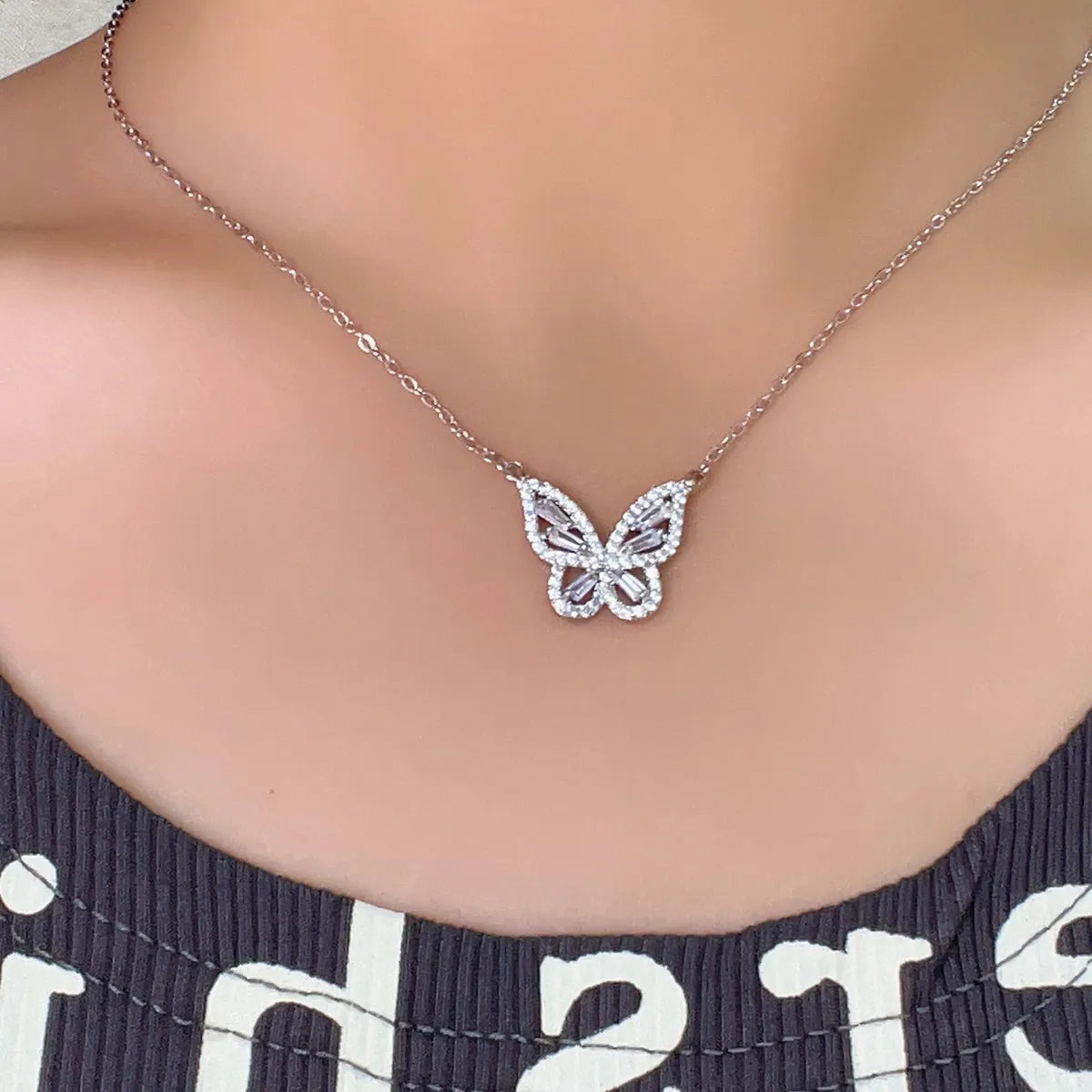 Elegant Shiny Butterfly Copper Plating Inlay Zircon White Gold Plated Earrings Necklace