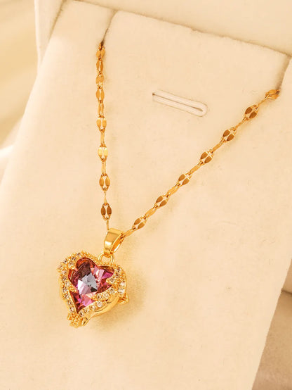 Elegant Shiny Heart Shape Stainless Steel Plating Inlay Zircon 14k Gold Plated Pendant Necklace