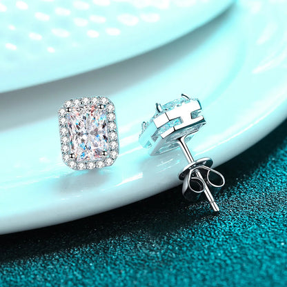 Elegant Shiny Rectangle Sterling Silver Moissanite Zircon Ear Studs In Bulk