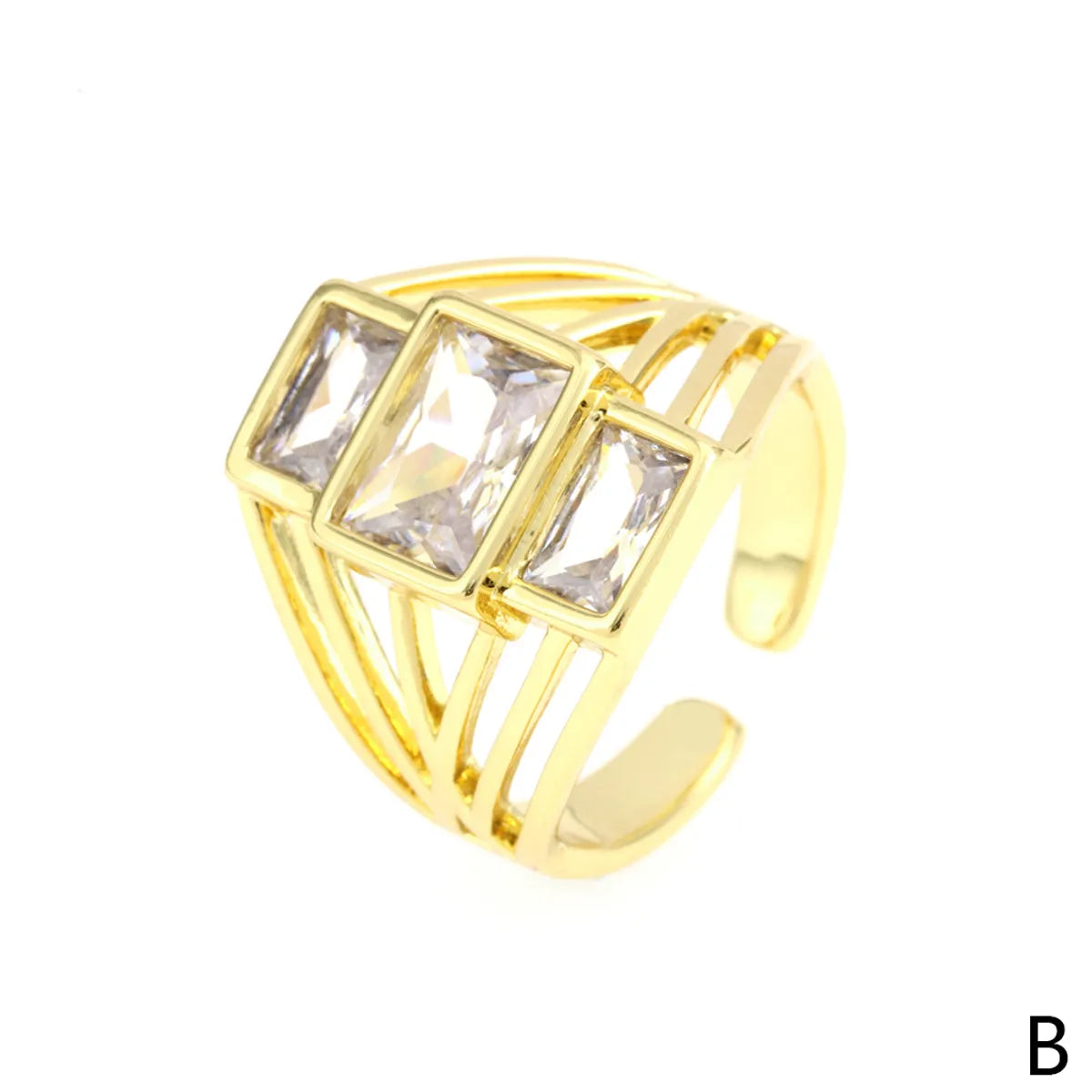 Elegant Shiny Square Copper Plating Inlay Zircon 18k Gold Plated Open Rings