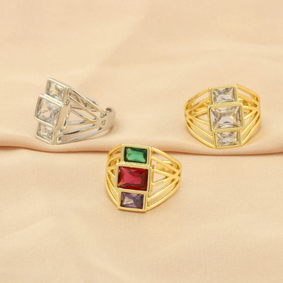 Elegant Shiny Square Copper Plating Inlay Zircon 18k Gold Plated Open Rings