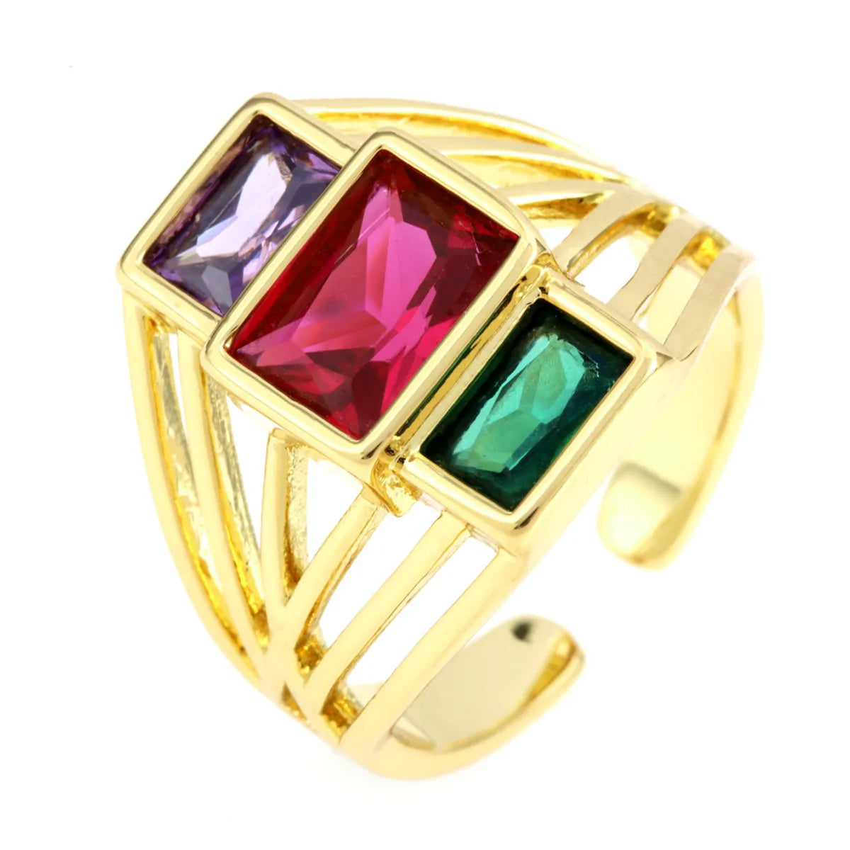 Elegant Shiny Square Copper Plating Inlay Zircon 18k Gold Plated Open Rings