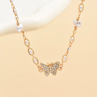 Elegant Simple Style Butterfly Alloy Plating Inlay Artificial Pearls Rhinestones Women's Choker