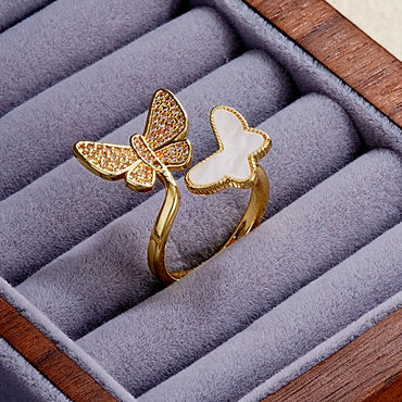 Elegant Simple Style Butterfly Copper Gold Plated Pearl Zircon Open Rings In Bulk