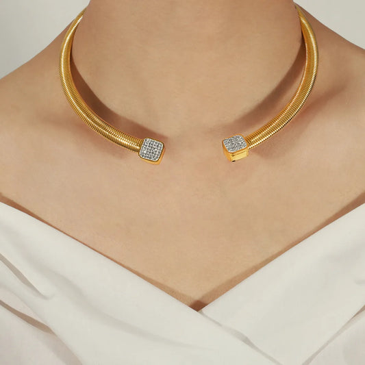 Elegant Simple Style C Shape Titanium Steel Plating Inlay Artificial Diamond 18k Gold Plated Choker