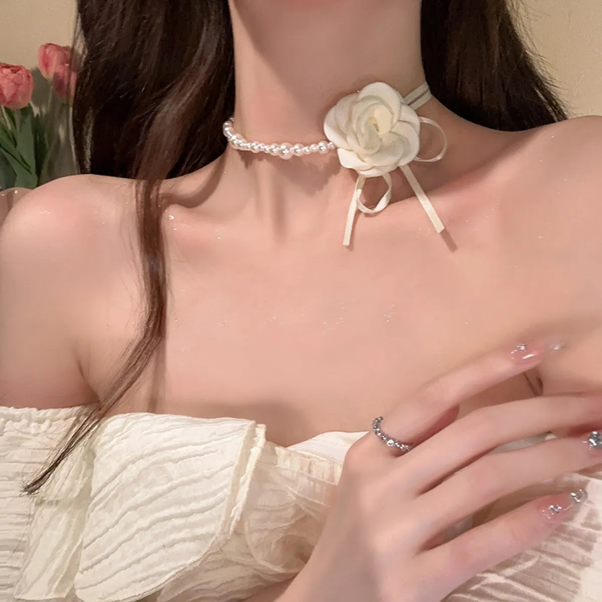 Elegant Simple Style Classic Style Flower Artificial Pearl Alloy Cloth Wholesale Choker