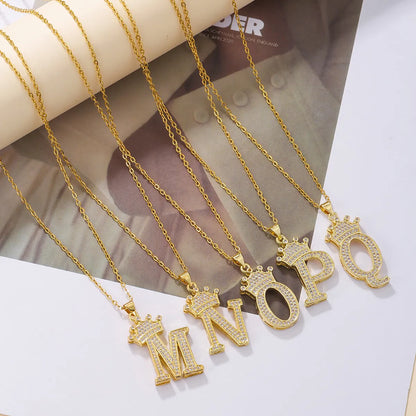 Elegant Simple Style Classic Style Letter Crown Stainless Steel Copper Plating Inlay Zircon 18k Gold Plated Pendant Necklace