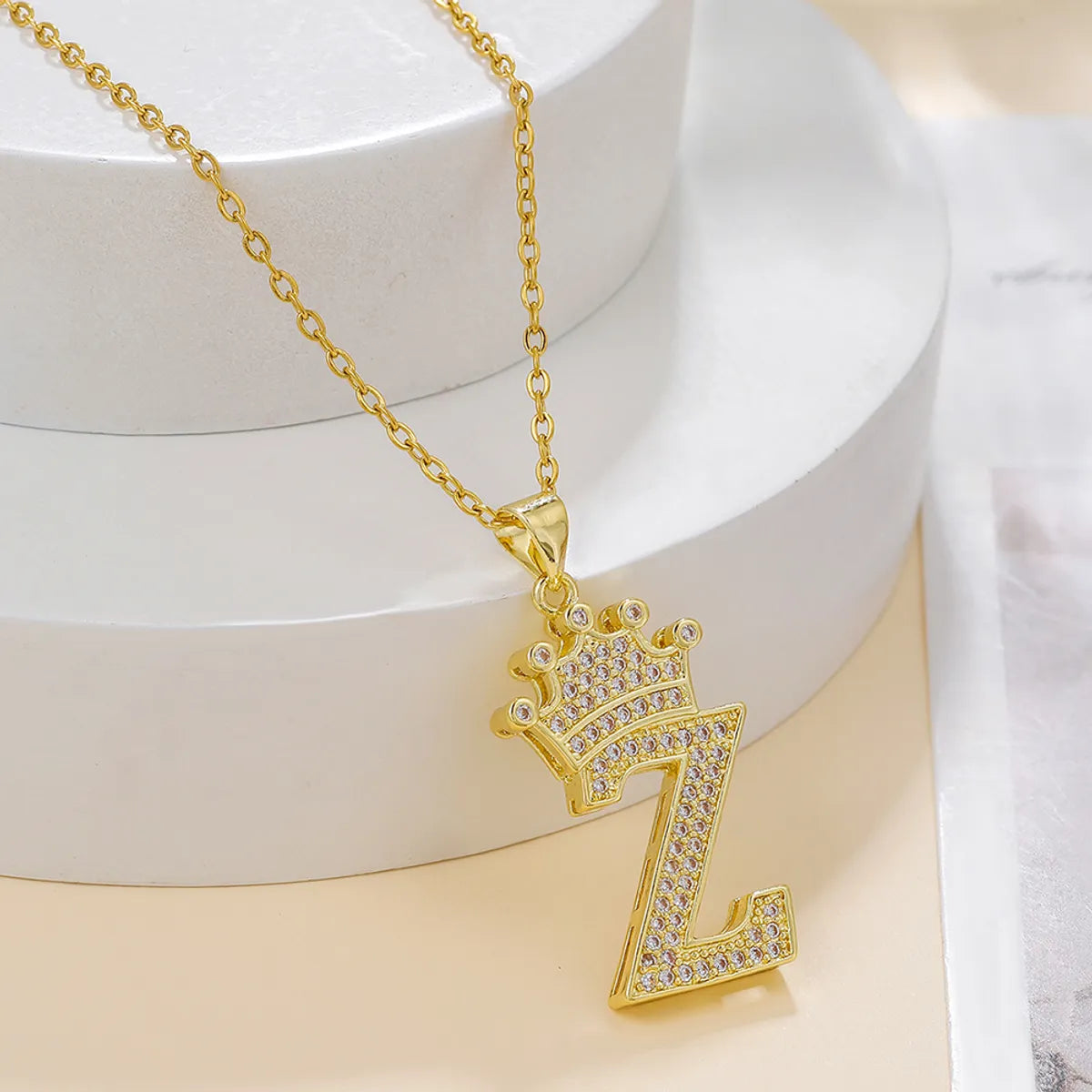 Elegant Simple Style Classic Style Letter Crown Stainless Steel Copper Plating Inlay Zircon 18k Gold Plated Pendant Necklace