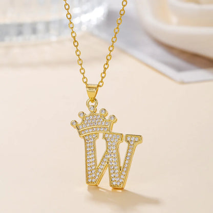 Elegant Simple Style Classic Style Letter Crown Stainless Steel Copper Plating Inlay Zircon 18k Gold Plated Pendant Necklace