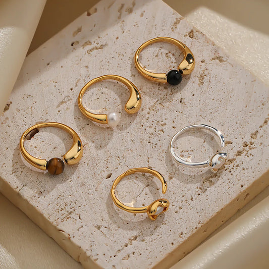 Elegant Simple Style Color Block Copper Plating Inlay Natural Stone Pearl 18k Gold Plated Rings