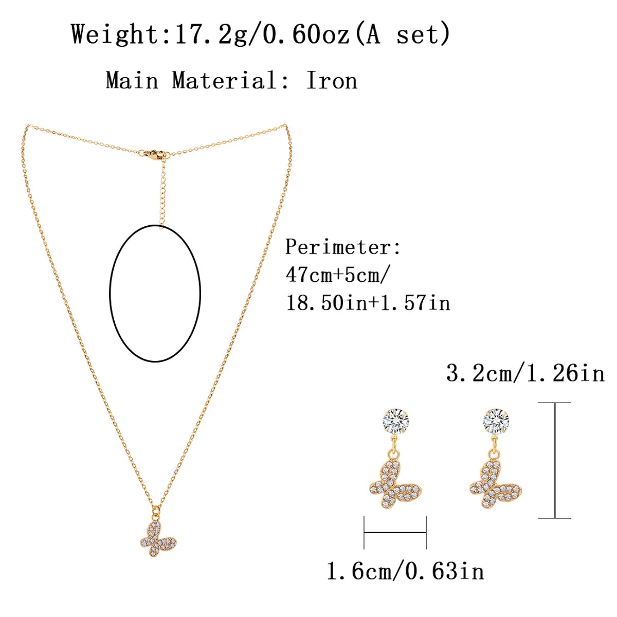 Elegant Simple Style Commute Butterfly Iron Inlay Rhinestones Gold Plated Women'S Jewelry Set