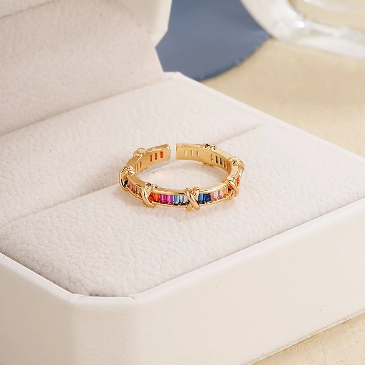 Elegant Simple Style Cross Copper Plating Inlay Zircon Gold Plated Open Rings