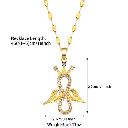 Elegant Simple Style Crown Wings Stainless Steel Plating Inlay Zircon 18k Gold Plated Pendant Necklace