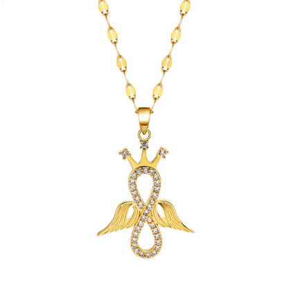 Elegant Simple Style Crown Wings Stainless Steel Plating Inlay Zircon 18k Gold Plated Pendant Necklace