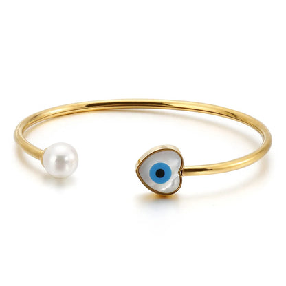 Elegant Simple Style Devil's Eye Heart Shape Stainless Steel Plating Inlay Artificial Pearls Bangle