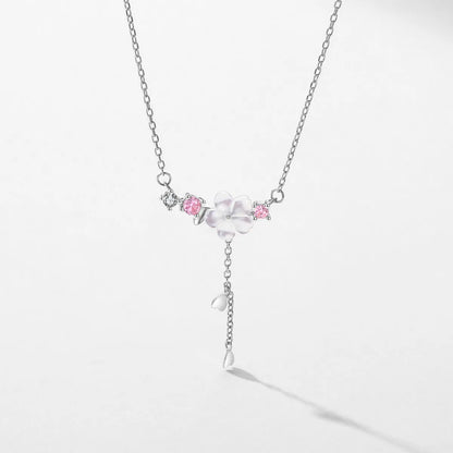 Elegant Simple Style Flower Sterling Silver Plating Three-dimensional Inlay Shell Zircon Rhodium Plated Pendant Necklace