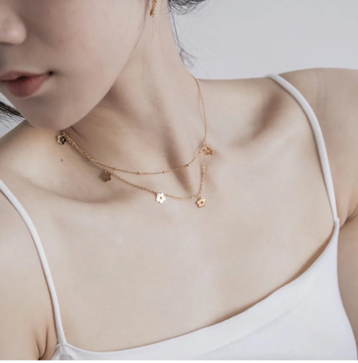 Elegant Simple Style Flower Titanium Steel Plating 18k Gold Plated Double Layer Necklaces