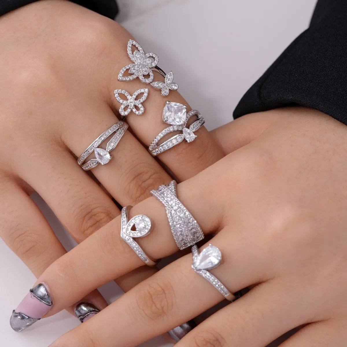 Elegant Simple Style Geometric Water Droplets Butterfly Copper Plating Inlay Zircon Open Rings