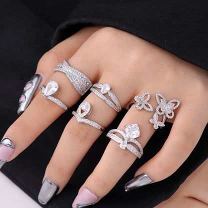 Elegant Simple Style Geometric Water Droplets Butterfly Copper Plating Inlay Zircon Open Rings