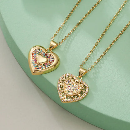 Elegant Simple Style Heart Shape Copper Plating Inlay Zircon 18k Gold Plated Pendant Necklace