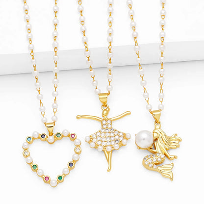 Elegant Simple Style Heart Shape Mermaid Copper Plating Inlay Zircon 18k Gold Plated Pendant Necklace