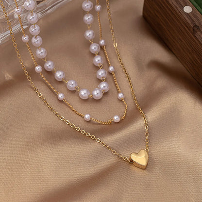 Elegant Simple Style Heart Shape Plastic Zinc Alloy Women's Three Layer Necklace