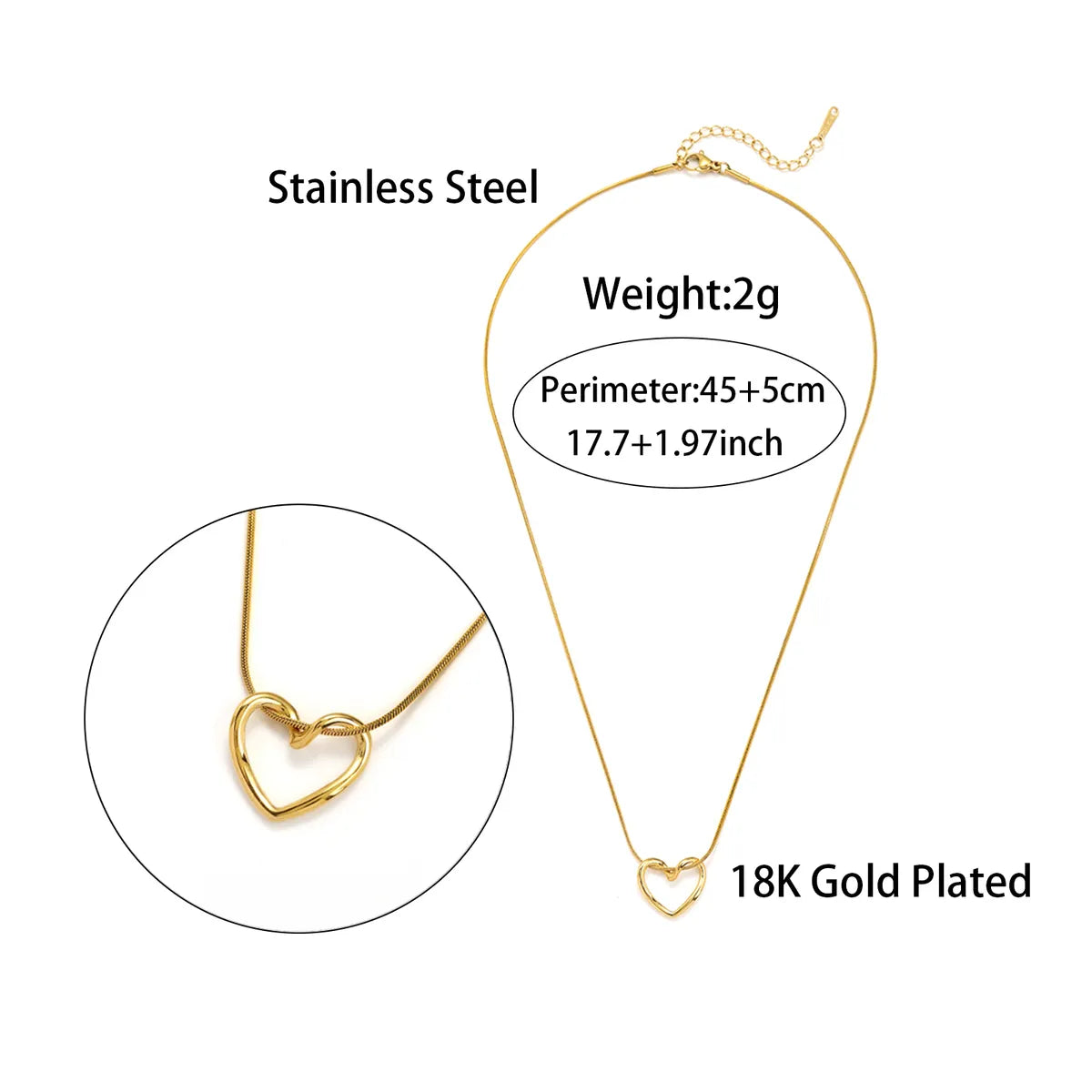 Elegant Simple Style Heart Shape Stainless Steel Hollow Out 18k Gold Plated Pendant Necklace