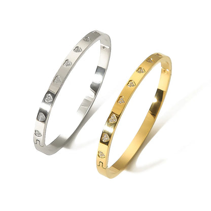 Elegant Simple Style Heart Shape Stainless Steel Plating Inlay Zircon 18k Gold Plated White Gold Plated Bangle