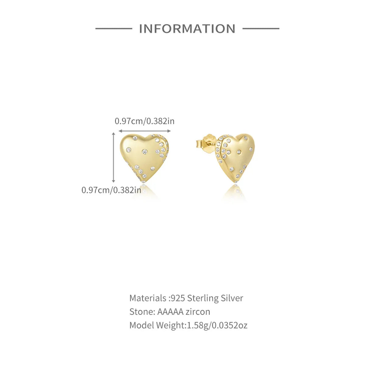 Elegant Simple Style Heart Shape Sterling Silver Plating Zircon Ear Studs 1 Pair