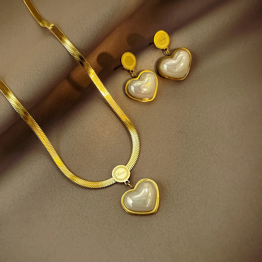 Elegant Simple Style Heart Shape Titanium Steel Plating Inlay Artificial Pearls 18k Gold Plated Earrings Necklace