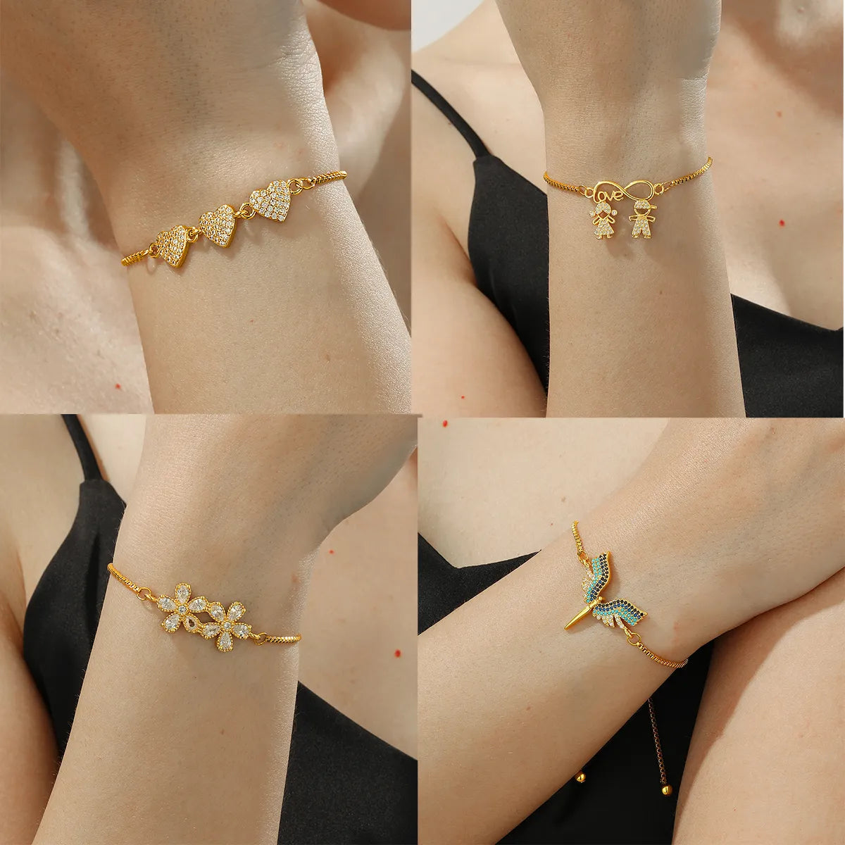 Elegant Simple Style Human Heart Shape Flower Copper Plating Inlay Zircon 18k Gold Plated Bracelets