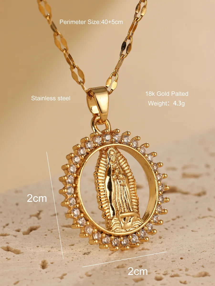 Elegant Simple Style Human Stainless Steel Hollow Out Zircon 18k Gold Plated Pendant Necklace