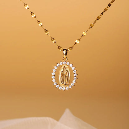 Elegant Simple Style Human Stainless Steel Hollow Out Zircon 18k Gold Plated Pendant Necklace