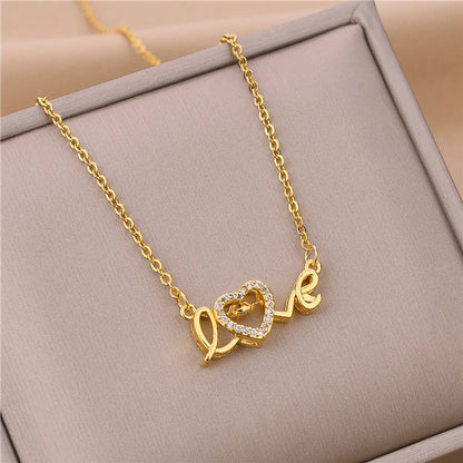 Wholesale Jewelry Elegant Simple Style Letter Titanium Steel Rhinestones Plating Inlay Necklace