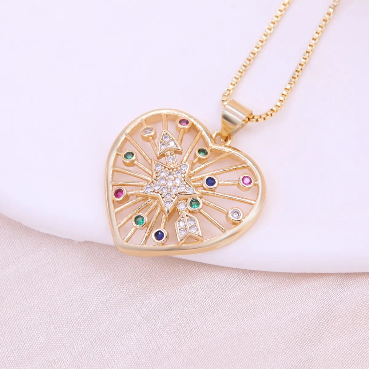 Elegant Simple Style Love Heart Shape Bow Knot Copper Plating Inlay Zircon 18k Gold Plated Pendant Necklace