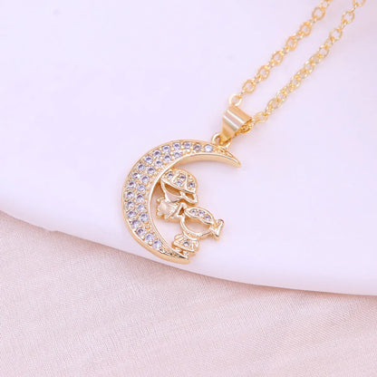 Elegant Simple Style Love Heart Shape Bow Knot Copper Plating Inlay Zircon 18k Gold Plated Pendant Necklace