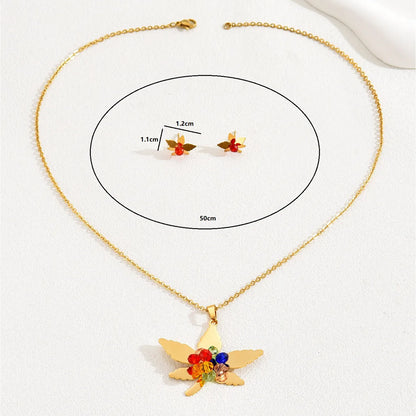 201 Stainless Steel Alloy 18K Gold Plated Elegant Simple Style Inlay Maple Leaf Eye Butterfly Artificial Pearls Rhinestones Earrings Necklace