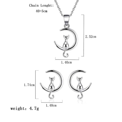 Elegant Simple Style Moon Cat Sterling Silver Plating Women's Earrings Necklace