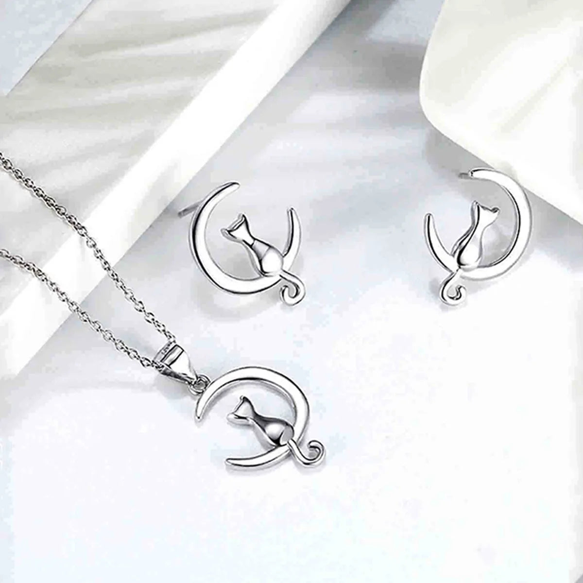 Elegant Simple Style Moon Cat Sterling Silver Plating Women's Earrings Necklace