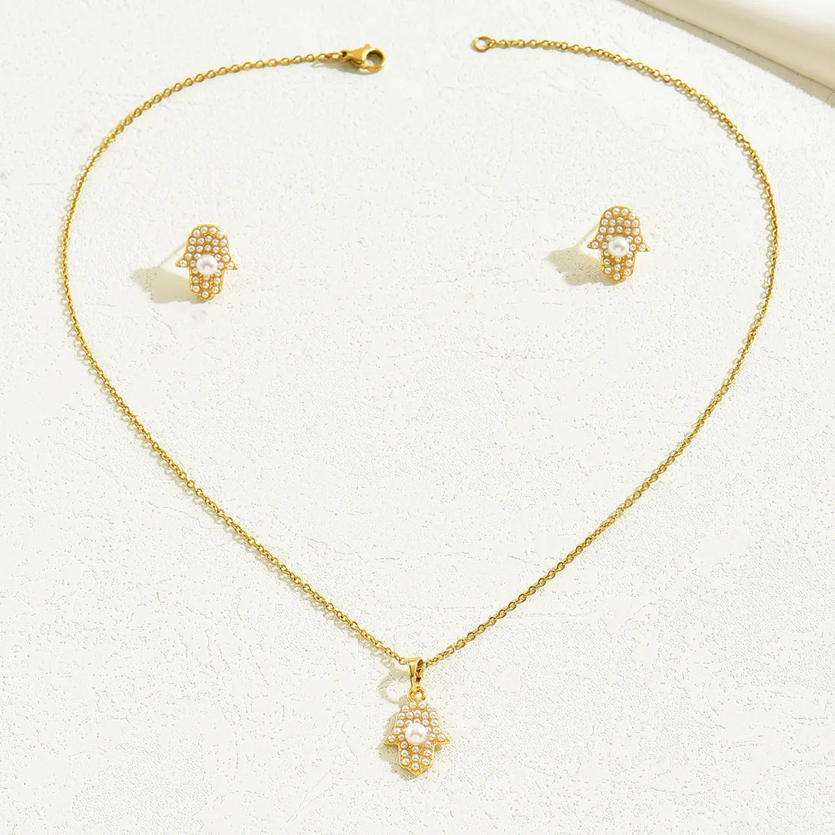 Wholesale Elegant Simple Style Palm Stainless Steel Plating Inlay Gold Plated Artificial Pearls Jewelry Set