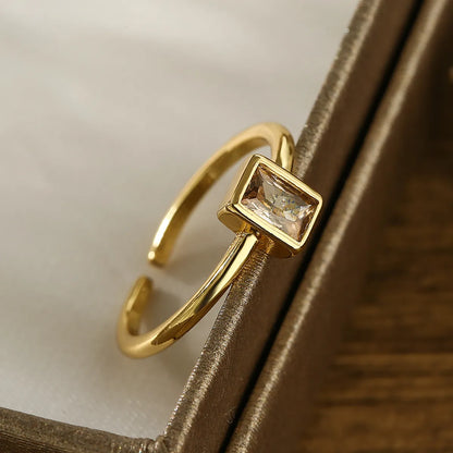 Elegant Simple Style Rectangle Copper 18k Gold Plated Zircon Open Ring In Bulk