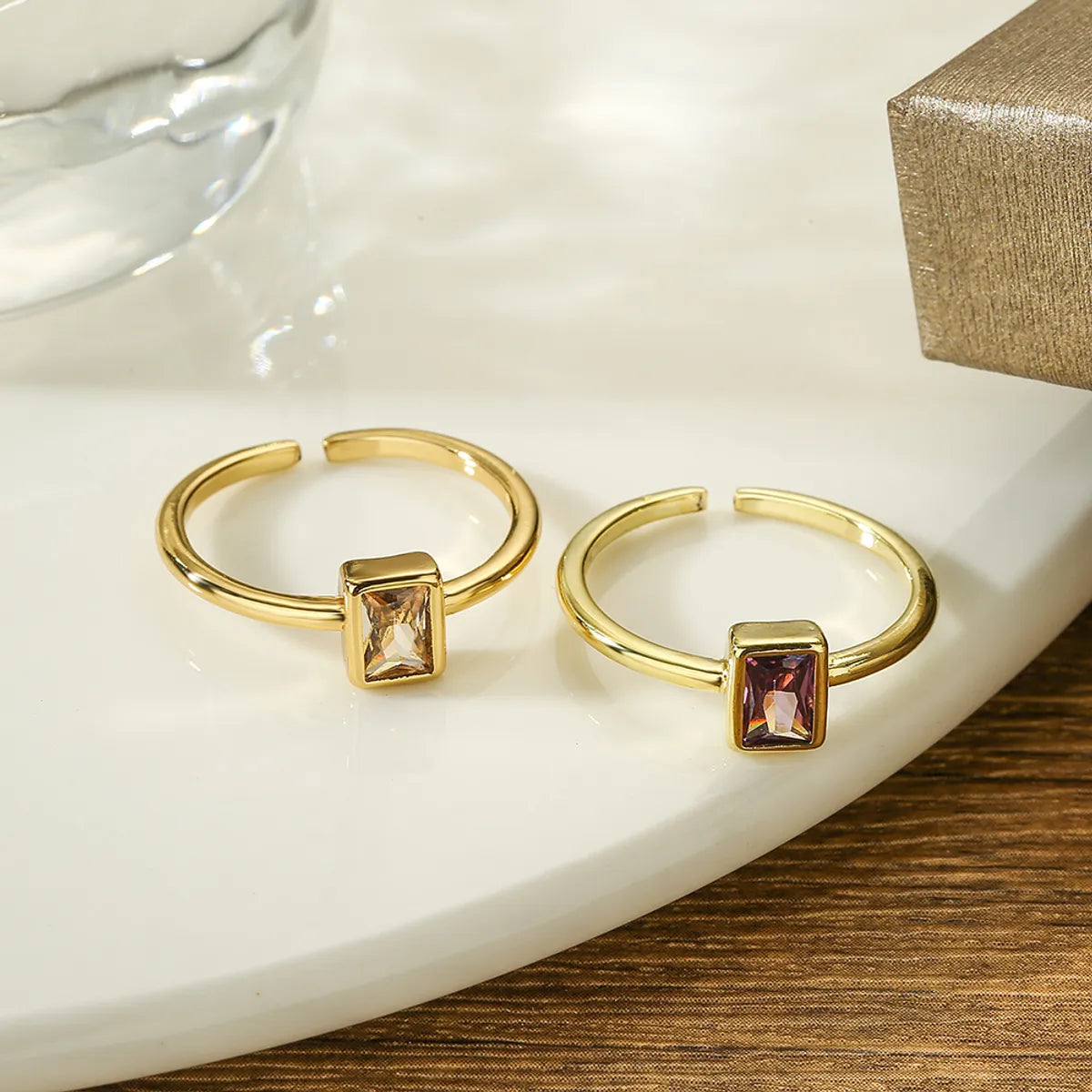 Elegant Simple Style Rectangle Copper 18k Gold Plated Zircon Open Ring In Bulk