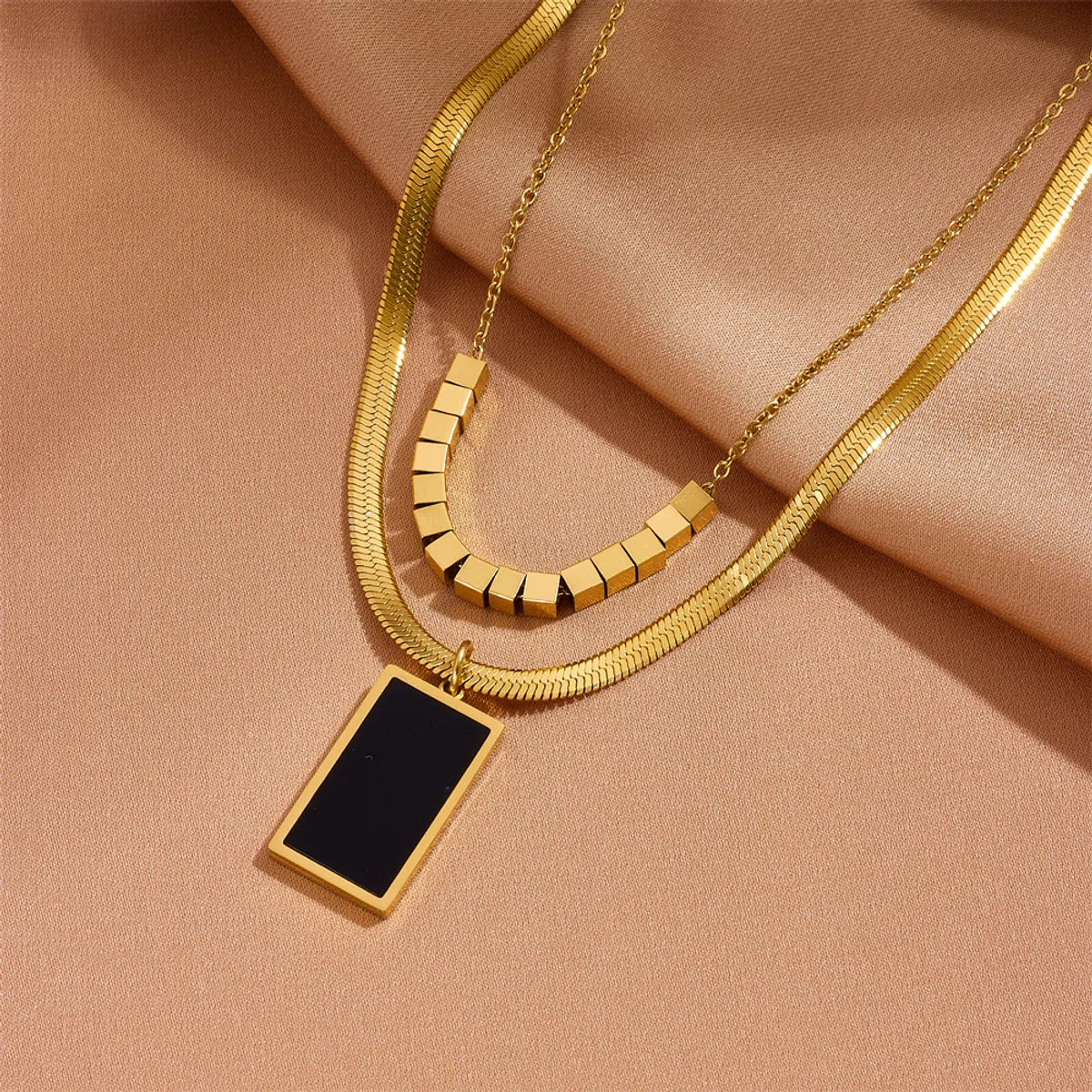 Elegant Simple Style Rectangle Titanium Steel Plating Inlay Shell Double Layer Necklaces