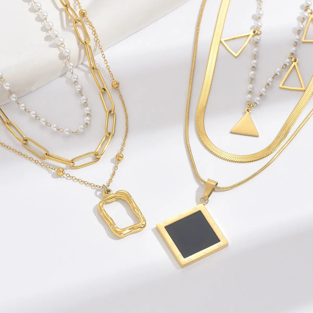 Elegant Simple Style Roman Style Triangle Square Roman Numeral Stainless Steel Pearl Plating Inlay Acrylic 14k Gold Plated Three Layer Necklace