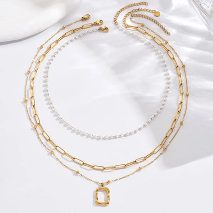 Elegant Simple Style Roman Style Triangle Square Roman Numeral Stainless Steel Pearl Plating Inlay Acrylic 14k Gold Plated Three Layer Necklace