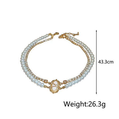 Elegant Simple Style Round Alloy Enamel Pearl Inlay Rhinestones Women'S Double Layer Necklaces